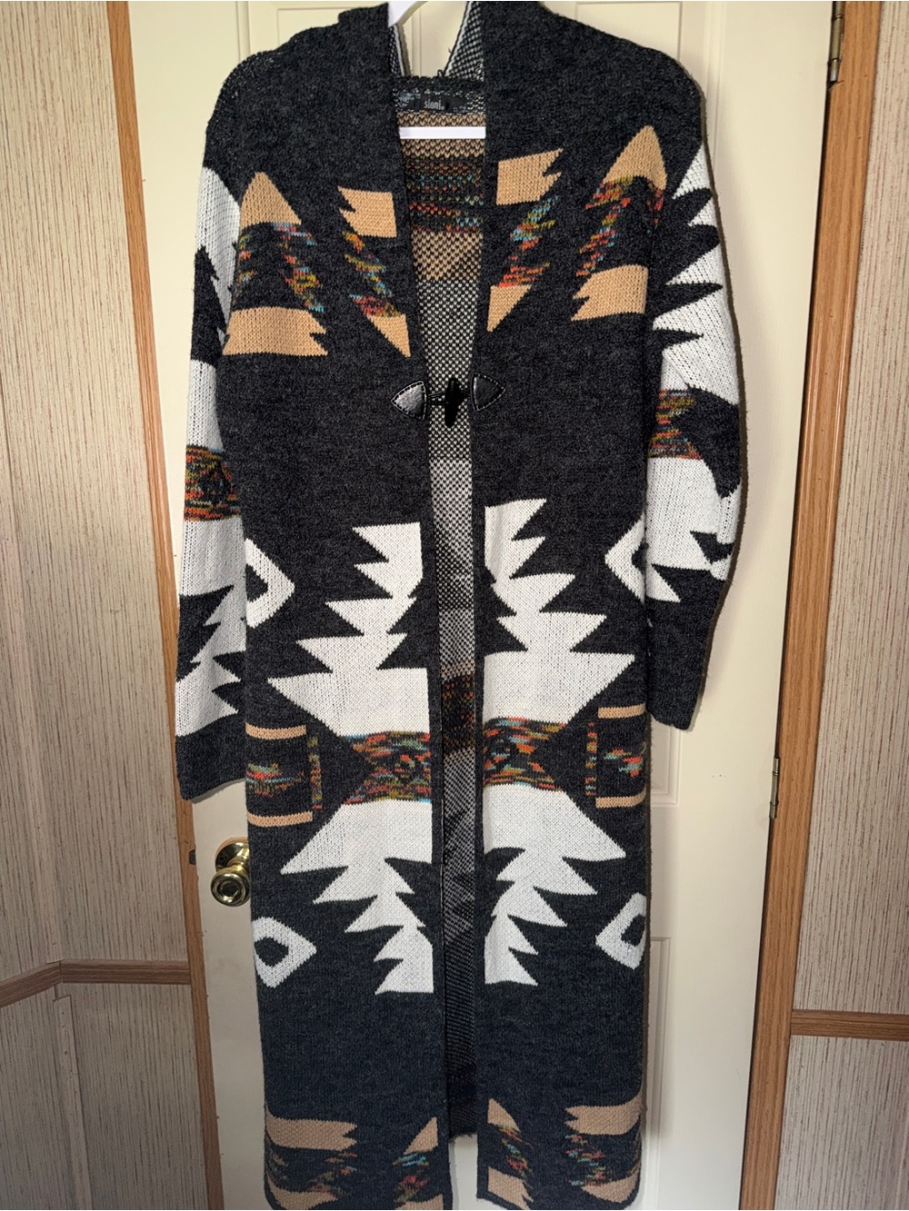 Long Tribal Pattern Open Cardigan Sweater - Black & White